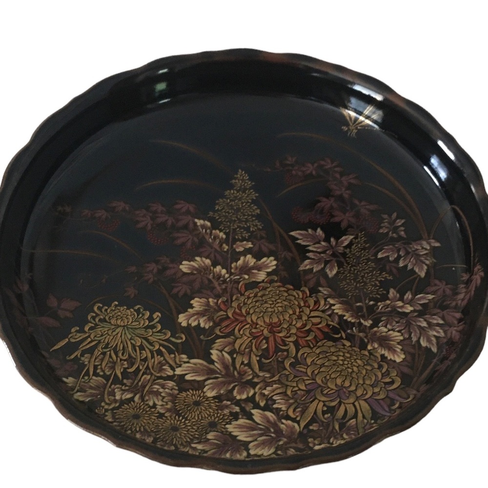 Shibata Japan Fine Porcelain Black Decorative Floral Print Small Plate/Vase.